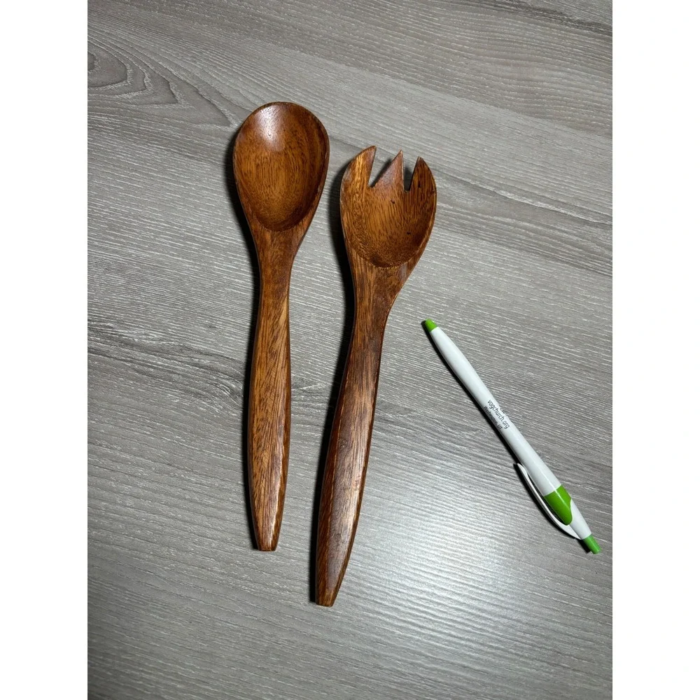 Vintage Handcrafted Wood Salad Server Set Large Spoon and Fork Tapered Handles
